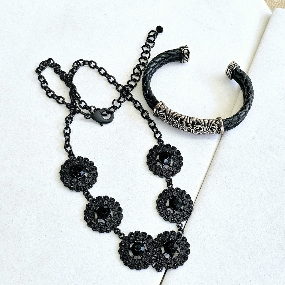 ESPO 925 Black Leather Cuff with Black Ornate Crystal Necklace